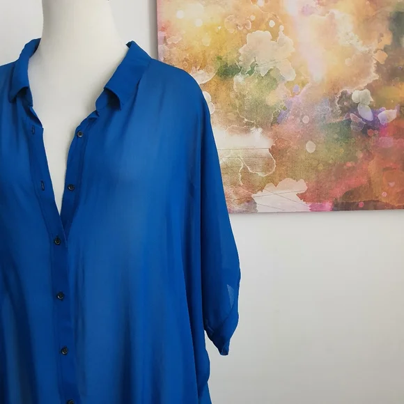 Verge NZ Short Sleeve Sheer Blue Button Down Long Blouse Size XXL - Picture 9 of 12